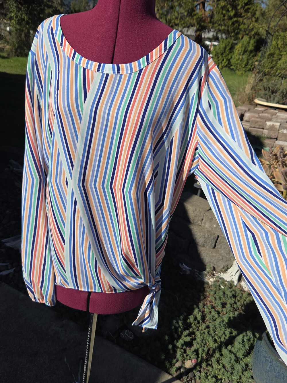 belle sky Striped Tie-Hem Blouse — Blue/Orange/ Green/Pink/White. XXL. BBCP